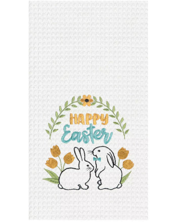 "Happy Easter" Bunnies Cotton Waffle Weave Kitchen Dishtowel