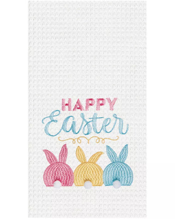 Pink Blue & Yellow Easter Bunnies Bunny Rabbits Waffle Weave Kitchen Dishtowel