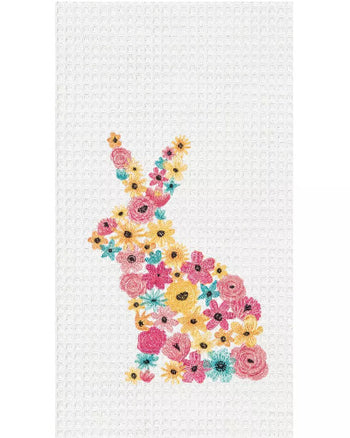 Bunny Rabbit Floral Flower Design Easter Embroidered Waffle Weave Kitchen Dishtowel