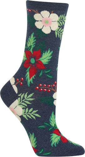 Hot Sox Women's Winter Holiday Fun Crew Socks-Christmas Poinsttias (Denim)