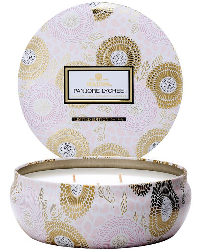 Panjore Lychee 3 Wick Candle in Decorative Tin 12 oz