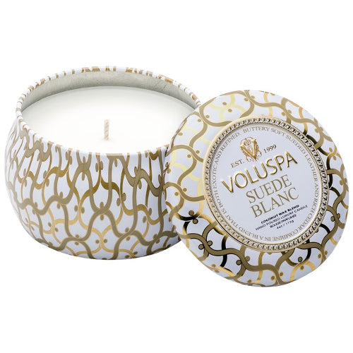 Suede Blanc Petite Decorative Tin Candle 4 oz