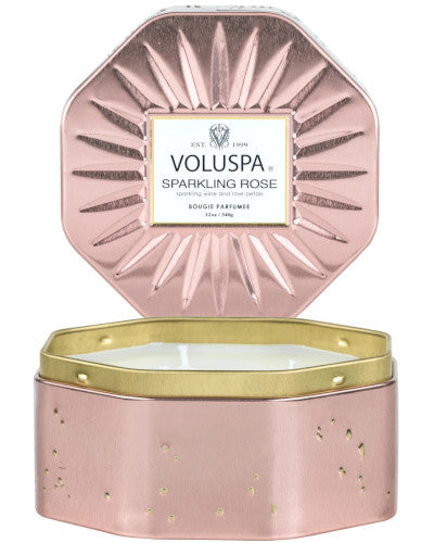 Sparkling Rose 3 Wick Octagon Tin Candle 12 oz